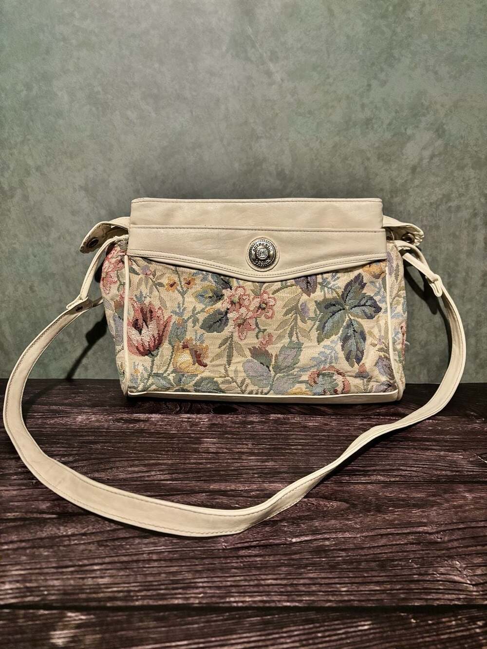 Vintage Mitzi Floral Tapestry Shoulder Bag Cream Leather Trim